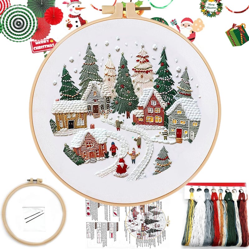 FONNUY Crewel Christmas Embroidery Kit for Beginners, Cross Stitch Set Winter Snow Scene Pine Owl Pattern for Adults, Easy to Follow Color Thread Needlework, 8'' Hoop (Snow Village) - Image 1